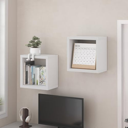 Furinno Cubicle Floating Shelves for Wall, Cube Wall Shelf, Extra Thick Wall Mounted Book Shelf, Single, 16" x 16" x 9.8", for Bathroom, Bedroom, Living Room, White