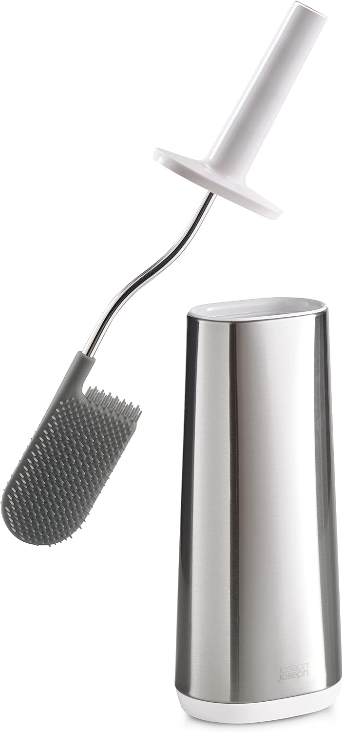 Joseph Joseph Flex Hygienic Silicone Toilet Brush with Slim Holder Set, Flexible Anti-drip, Anti-Clog Deep Clean Head - Gray/White