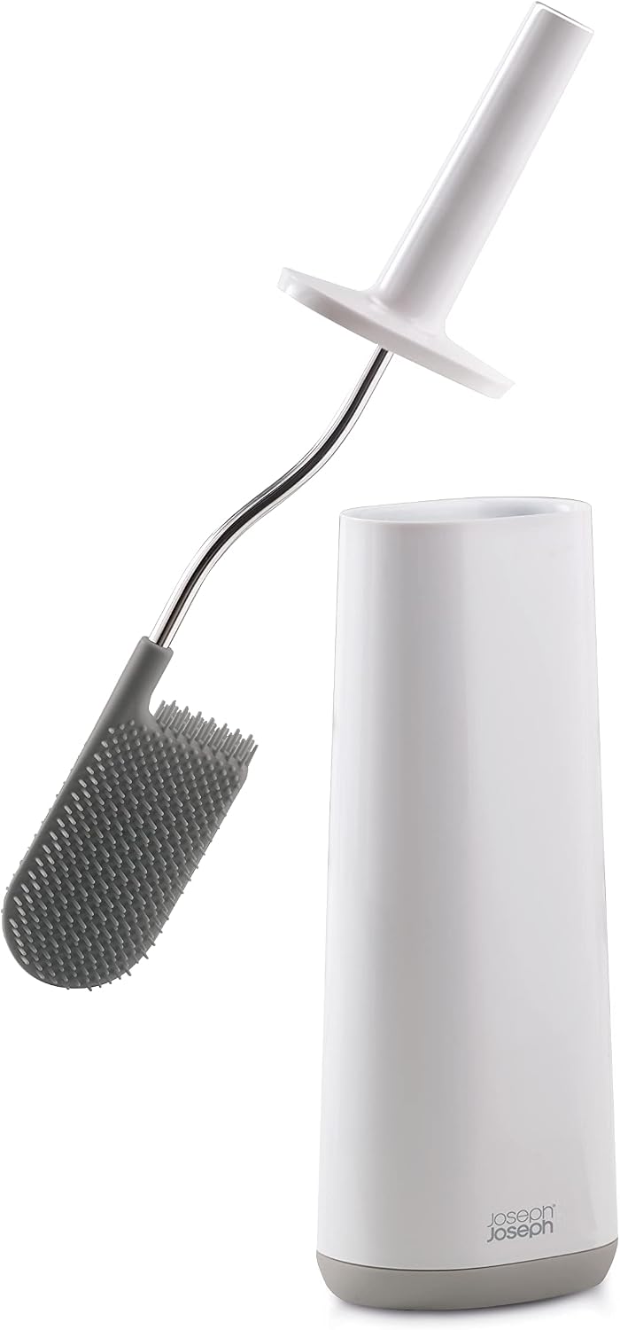 Joseph Joseph Flex Hygienic Silicone Toilet Brush with Slim Holder Set, Flexible Anti-drip, Anti-Clog Deep Clean Head - Gray/White