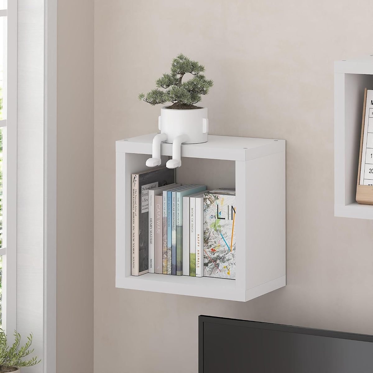 Furinno Cubicle Floating Shelves for Wall, Cube Wall Shelf, Extra Thick Wall Mounted Book Shelf, Single, 16" x 16" x 9.8", for Bathroom, Bedroom, Living Room, White