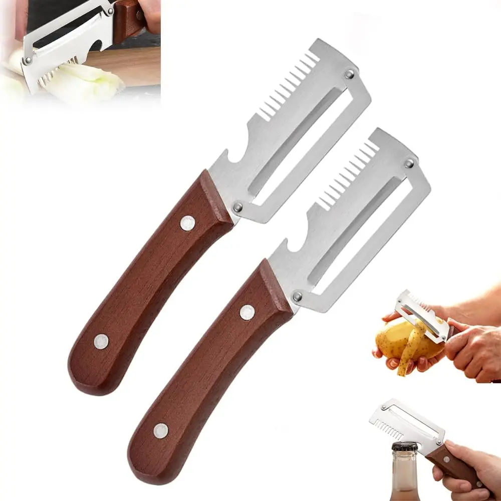 Multi-Functional Vegetable Peeler for Kitchen, Ultra-Sharp Stainless Steel Blade with Wooden Handle and Bottle Opener, For Vegetables or Fruits that Need to Be Peeled (2 Pcs)Summervibes summerwins