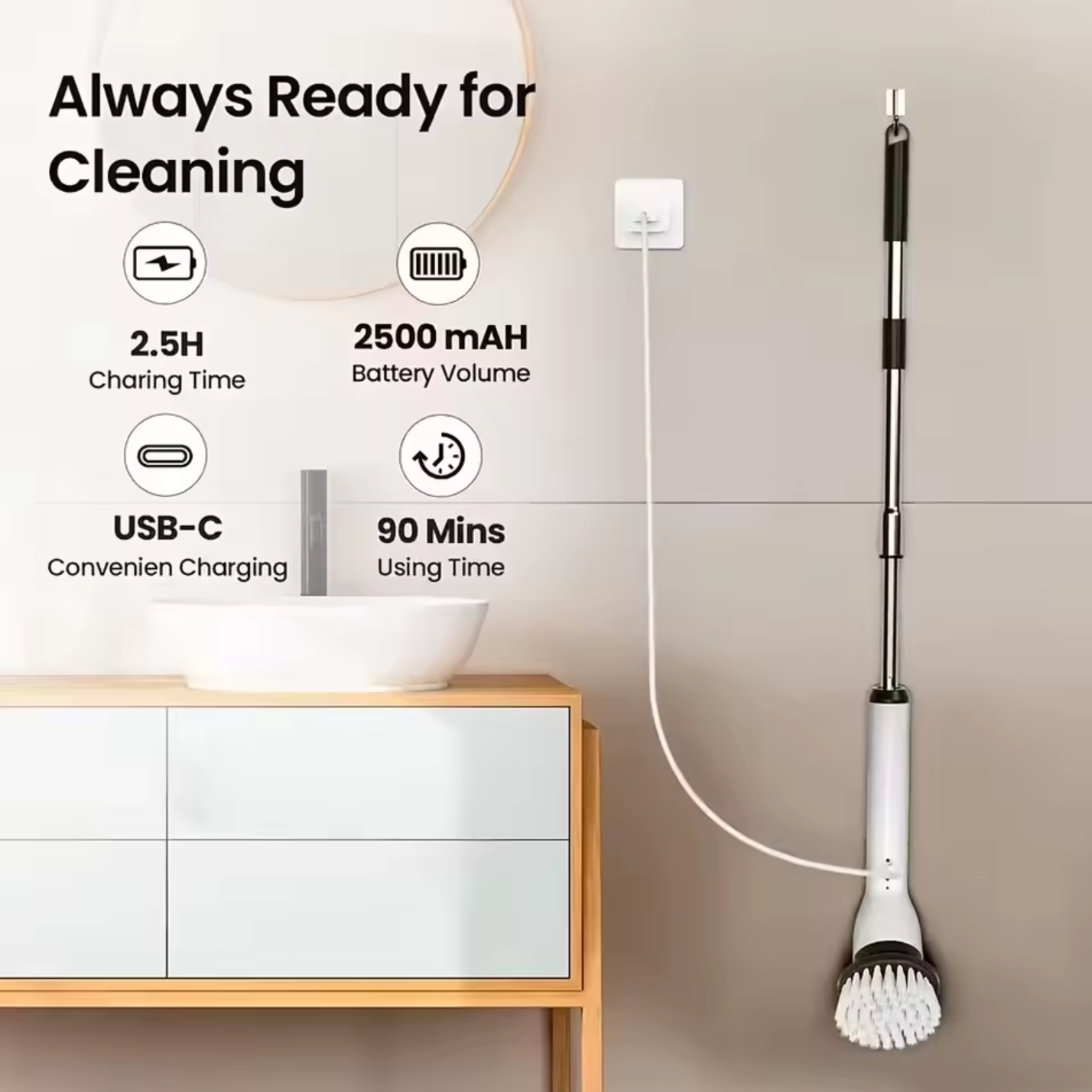 9-in-1 USB Rechargeable Electric Cleaning Brush Telescopic Handle 8 Brush Heads Multi-Surface Cleaner for Home Car