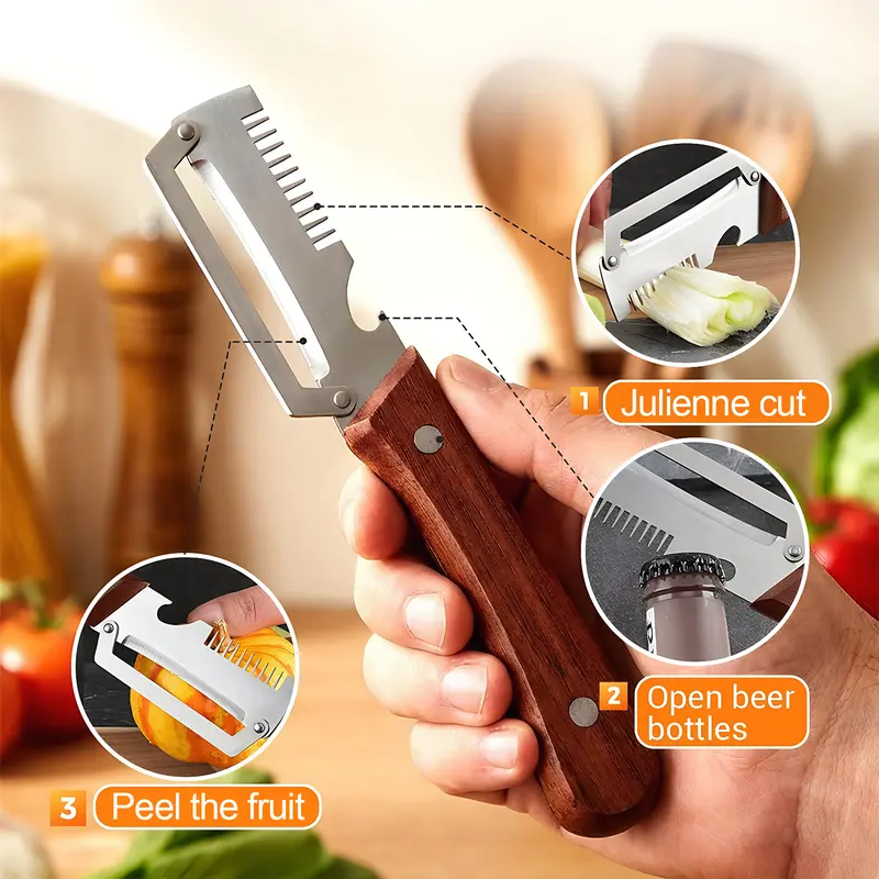 Multi-Functional Vegetable Peeler for Kitchen, Ultra-Sharp Stainless Steel Blade with Wooden Handle and Bottle Opener, For Vegetables or Fruits that Need to Be Peeled (2 Pcs)Summervibes summerwins